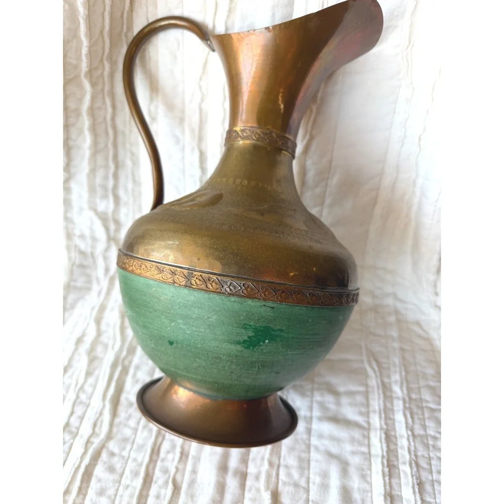 Vintage Copper Brass Decorative Pitcher Vase Embossed Patina Home Decor 12in